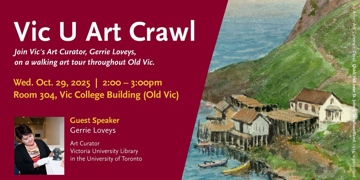 A poster featuring a seaside village painting with event details and the headline “Vic U Art Crawl.”