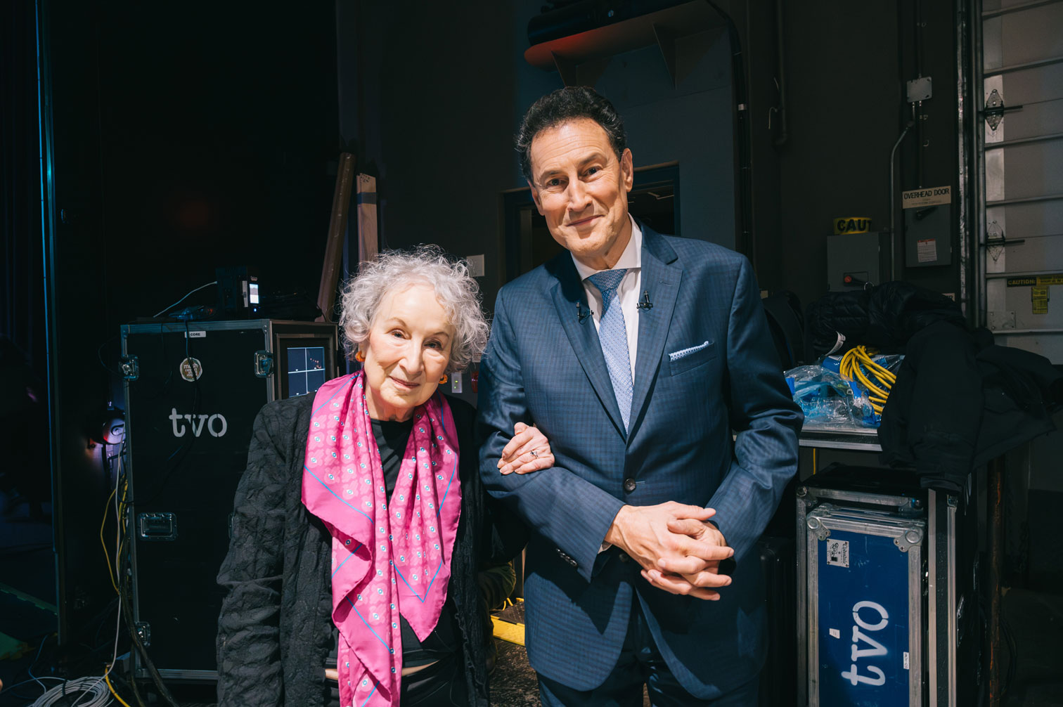 Margaret Atwood and Steve Paikin backstage at Isabel Bader Theatre.